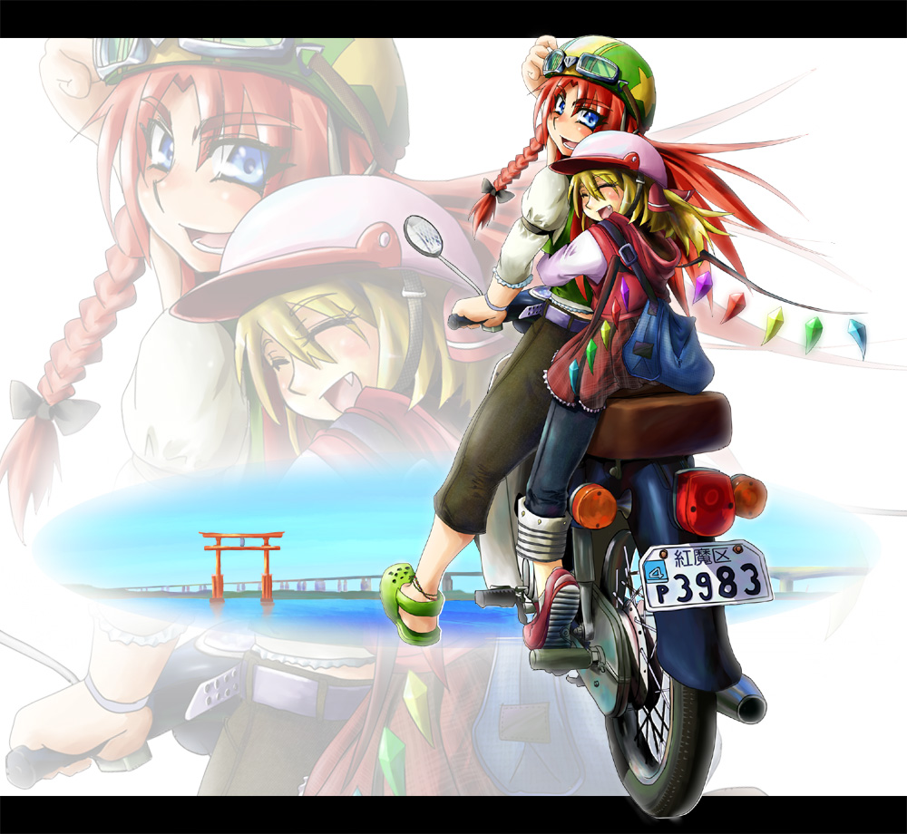 tora (pixiv), tora (trampjing), flandre scarlet, hong meiling, touhou, vehicle, 2girls, alternate costume, bag, casual, contemporary, crocs, fang, female focus, goggles, goggles on head, helmet, honda cub, letterboxed, motor vehicle, motorcycle, multiple girls, satchel, torii, zoom layer