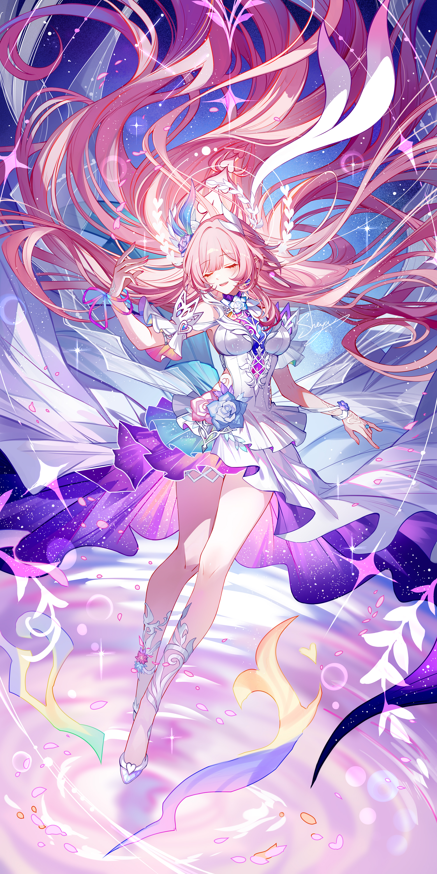 sheya, cyrene (honkai: star rail), cyrene (ripples of past reverie) (honkai: star rail), honkai: star rail, honkai (series), absurdres, highres, 1girl, armlet, bare legs, bare shoulders, breasts, closed eyes, dress, fingernails, floating hair, full body, hair floating upwards, hair ornament, halo, hand up, jewelry, long hair, medium breasts, missing commentary, nail polish, open mouth, pink hair, pink nails, pointy ears, shoes, signature, smile, solo, thighs, very long hair, white dress, white shoes