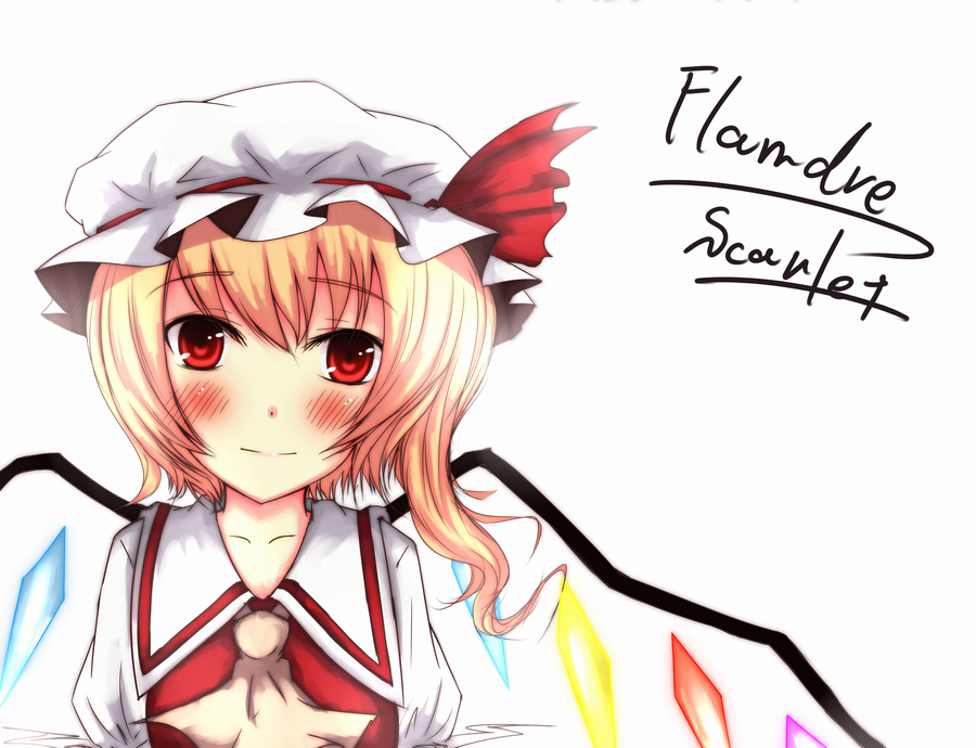 moccy, flandre scarlet, touhou, bad id, bad pixiv id, 1girl, blonde hair, character name, female focus, hat, mob cap, ponytail, ribbon, solo, upper body, white background, wings