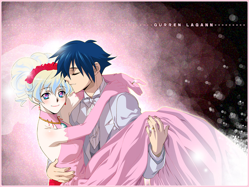 yukimitsuki, nia teppelin, simon (ttgl), tengen toppa gurren lagann, bad id, bad pixiv id, 00s, 1boy, 1girl, blue hair, blush, bridal veil, bride, carrying, couple, dress, elbow gloves, gloves, happy, hetero, jewelry, princess carry, ring, smile, veil, wedding, wedding band, wedding dress, wedding ring