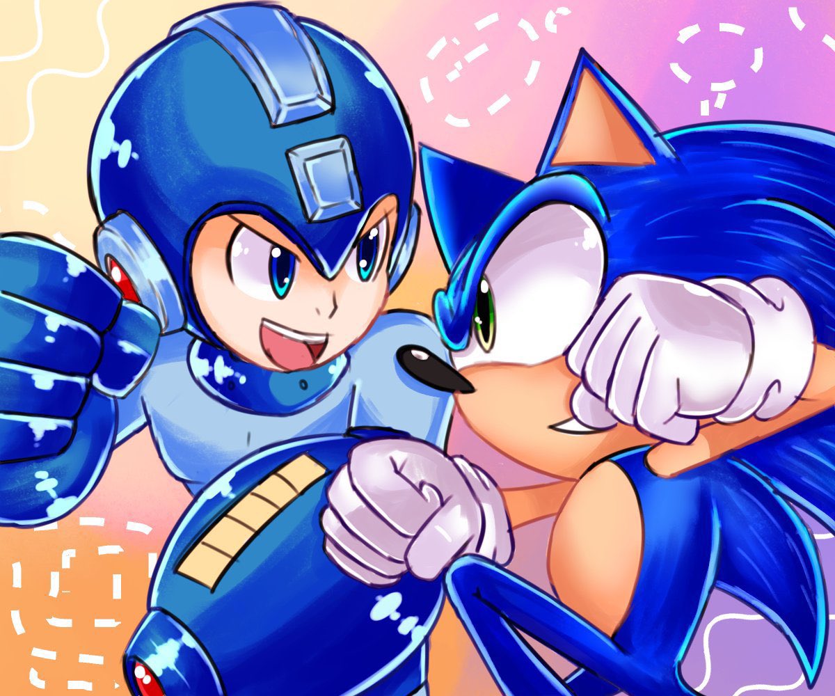 mega man (character), sonic the hedgehog, capcom, mega man (classic), mega man (series), sega, sonic (series), sonic racing: crossworlds, 2boys, arm cannon, blue eyes, crossover, gloves, grin, looking at another, multiple boys, smile, weapon