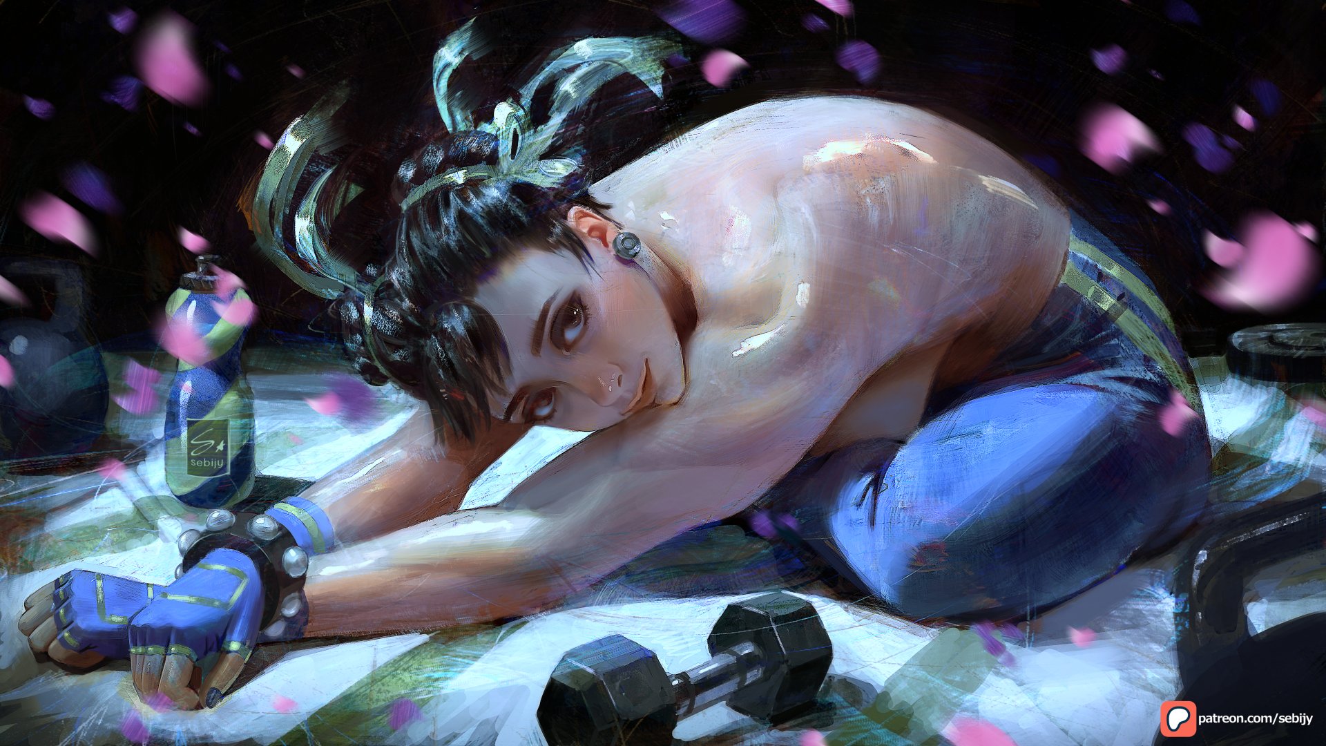 sebijy1, chun-li, capcom, street fighter, bent over, bottle, bracelet, dumbells, earrings, fingerless gloves, gloves, jewelry, smile, stretching, topless female