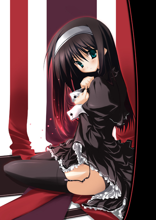 suzuri, suzuri (tennenseki), 1girl, black hair, black panties, blue eyes, cuffs, female focus, frills, garter straps, hairband, headband, panties, sitting, solo, thighhighs, underwear