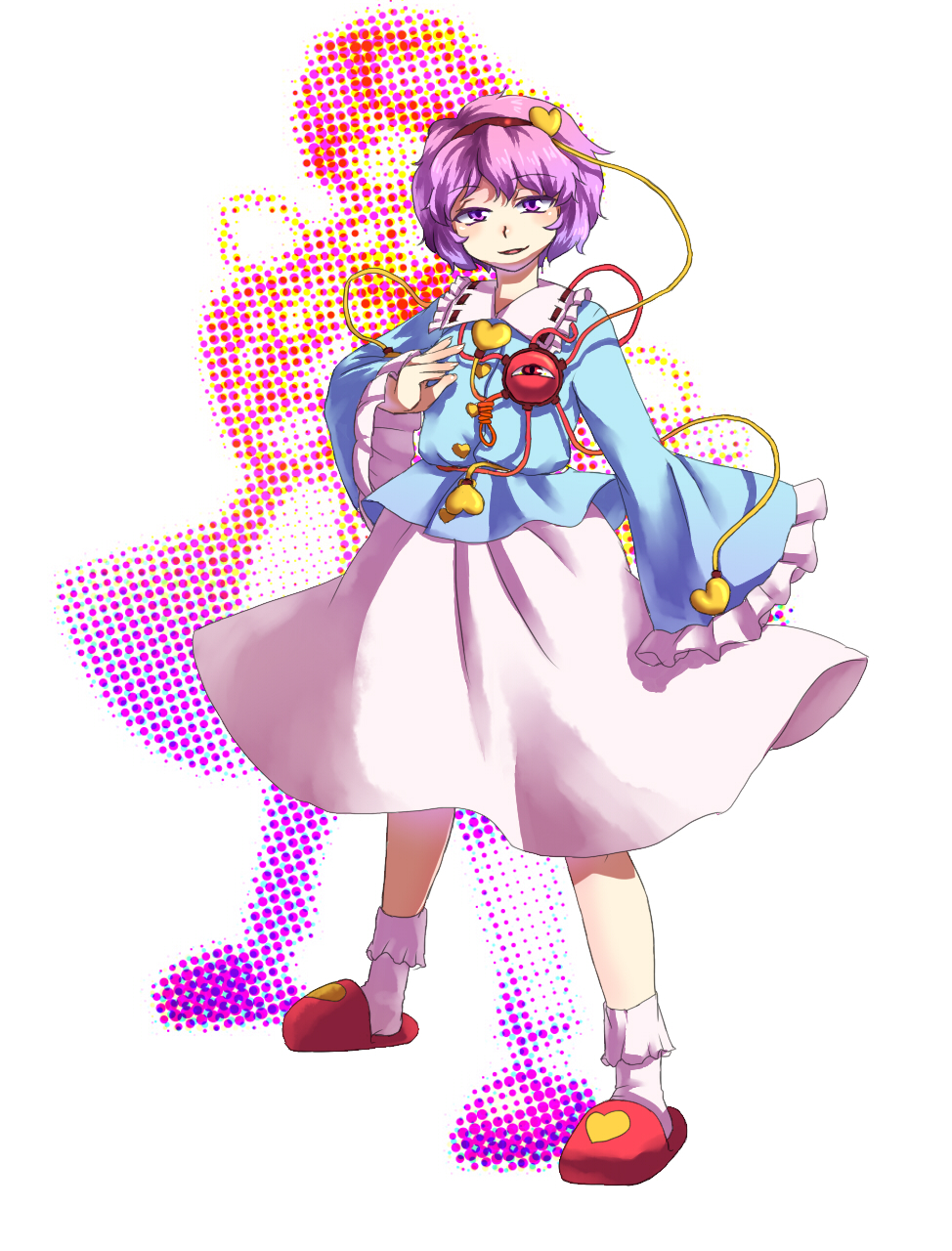 mizu mochi, komeiji satori, touhou, bad id, bad pixiv id, highres, 1girl, black ribbon, blue shirt, buttons, eyeball, female focus, frilled shirt collar, frilled sleeves, frilled socks, frills, hairband, heart, long sleeves, pink eyes, pink hair, pink theme, ribbon, ribbon-trimmed collar, ribbon trim, shirt, short hair, sleeves past wrists, slippers, socks, solo, third eye