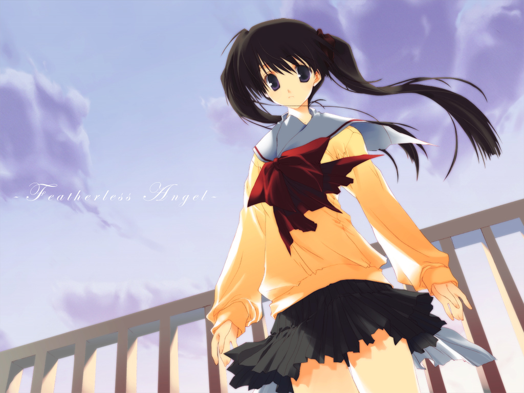 sumadera yukio, tenshi no inai 12-gatsu, non-web source, 1girl, black eyes, black hair, cloud, day, dutch angle, female focus, from below, long hair, outdoors, school uniform, serafuku, sky, solo, standing, twintails