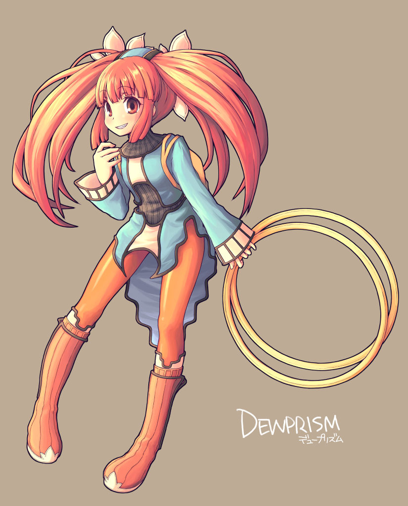 kimarin, mint (dewprism), dewprism, 1girl, boots, female focus, knee boots, orange hair, orange pantyhose, pantyhose, simple background, solo, twintails