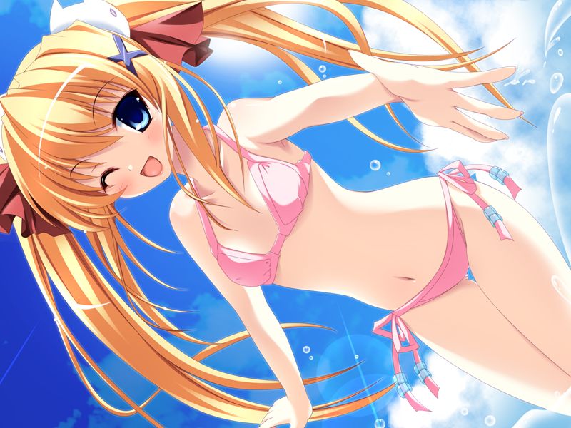 inuhiko, komatsugawa alice, hare hare harem, game cg, jpeg artifacts, non-web source, 1girl, bikini, blonde hair, blue eyes, blush, cloud, day, dutch angle, female focus, flat chest, hair ribbon, long hair, one eye closed, open mouth, outstretched hand, pink bikini, reaching, ribbon, side-tie bikini bottom, sky, solo, splashing, swimsuit, twintails, wink