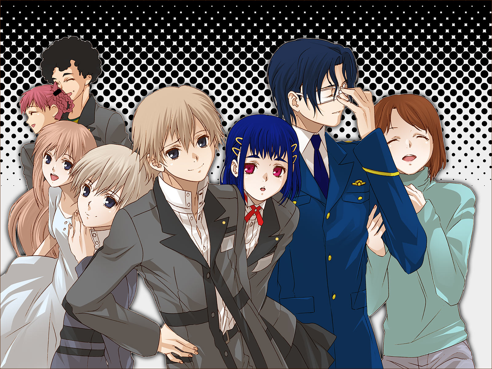 tsumiki, yukimitsuki, kanzato jun, kanzato ryou, kanzato shin, kanzato yuki, kayano megumi, morimoto kanaru, sakakiba takuro, atlus, persona, persona trinity soul, bad id, bad pixiv id, highres, 00s, 4boys, 4girls, acacia takuro, afro, blue eyes, blue hair, brown hair, closed eyes, dress, everyone, glasses, hair ornament, hairclip, multiple boys, multiple girls, pink eyes, school uniform, serafuku, short hair, siblings, smile, turtleneck