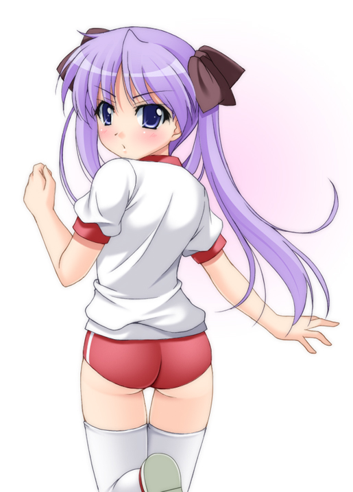 narutaki shin, hiiragi kagami, lucky star, 00s, ass, blue eyes, blush, bow, buruma, gym uniform, looking back, purple hair, thighhighs, twintails