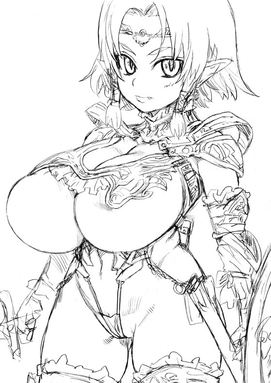 asanagi, 1girl, armor, breasts, cleavage, female focus, greyscale, huge breasts, lineart, monochrome, pointy ears, short hair, sketch, solo, sword, tiara, underboob, weapon