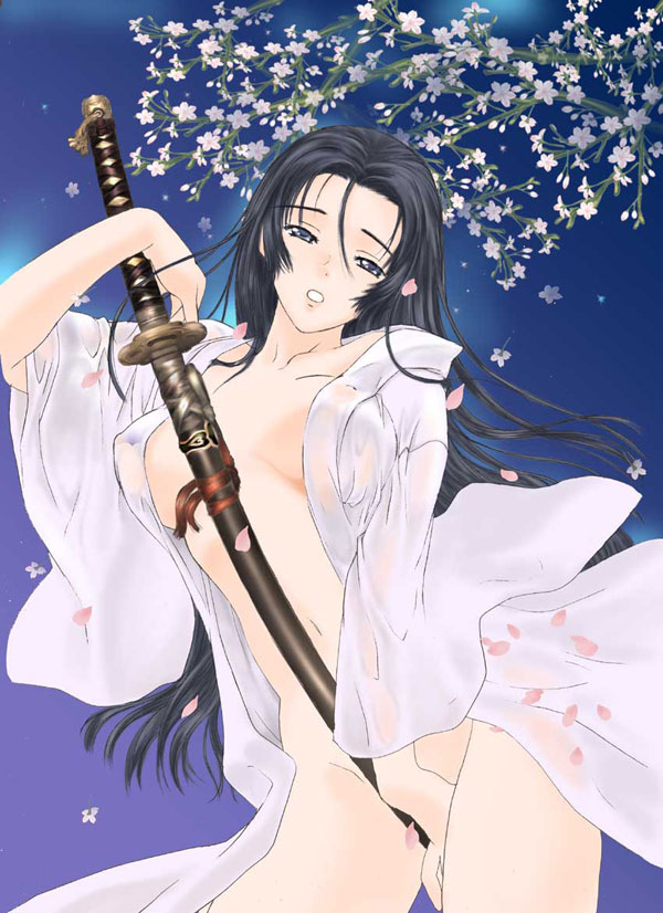 kinmedai pink, 1girl, breasts, cowboy shot, female focus, flower, holding, holding sword, holding weapon, katana, large breasts, naked robe, open clothes, petals, robe, solo, sword, weapon