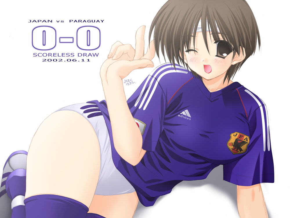 adidas, non-web source, 00s, 1girl, 2002, brown eyes, brown hair, buruma, clothes writing, female focus, headband, one eye closed, short hair, signature, soccer uniform, solo, sportswear, thighhighs, white buruma, wink