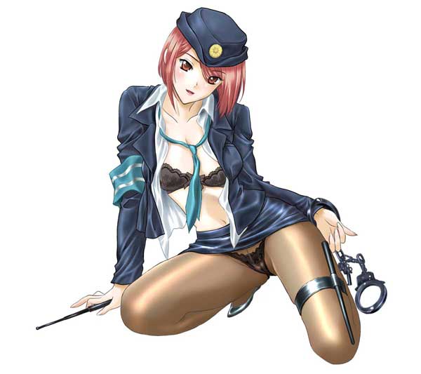 kinmedai pink, baton, 1girl, armband, baton (weapon), bra, brown eyes, crotch seam, cuffs, female focus, handcuffs, hat, lingerie, necktie, open clothes, open shirt, panties, panties under pantyhose, pantyhose, pencil skirt, police, police uniform, policewoman, red hair, shirt, short hair, skirt, solo, underwear, weapon