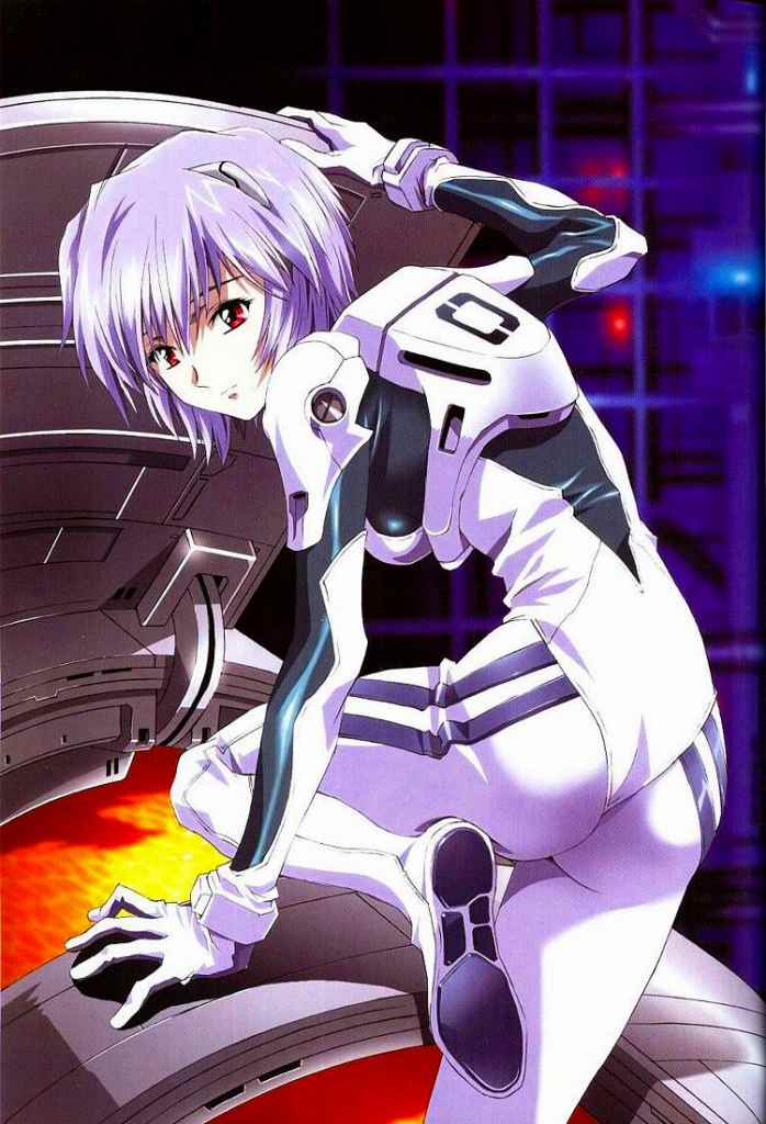 kawarajima kou, ayanami rei, neon genesis evangelion, jpeg artifacts, non-web source, 1girl, ass, back, blue hair, entry plug, female focus, lcl, looking back, mecha pilot suit, plugsuit (evangelion), red eyes, short hair, solo