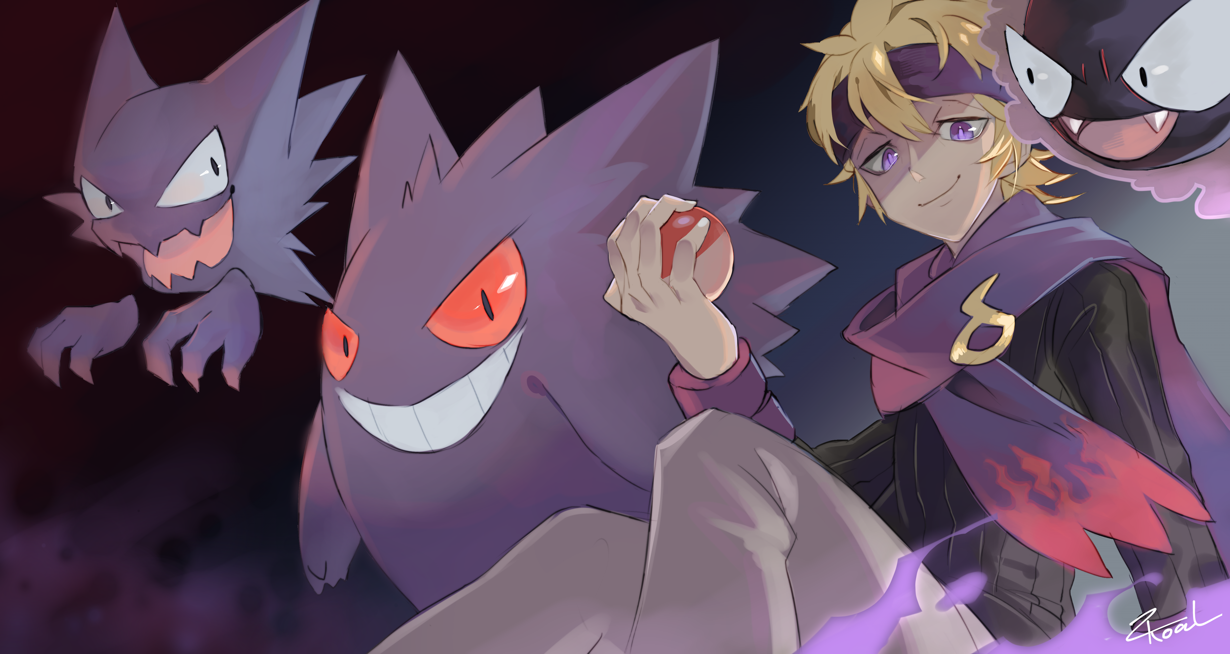 zkoal, gastly, gengar, haunter, morty (pokemon), nintendo, pokemon, pokemon hgss, absurdres, highres, 1boy, :d, artist name, black shirt, blonde hair, gen 1 pokemon, grey pants, grin, headband, holding, holding poke ball, long sleeves, looking at viewer, male focus, open mouth, outdoors, pants, poke ball, pokemon (creature), purple eyes, purple headband, purple scarf, red eyes, scarf, shirt, short hair, sitting, smile