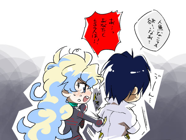 tsumiki, yukimitsuki, antispiral nia, nia teppelin, simon (ttgl), tengen toppa gurren lagann, bad id, bad pixiv id, translation request, 00s, 1boy, 1girl, angry, blonde hair, blue eyes, blue hair, bodysuit, chibi, crying, open mouth, punching, tears, teeth