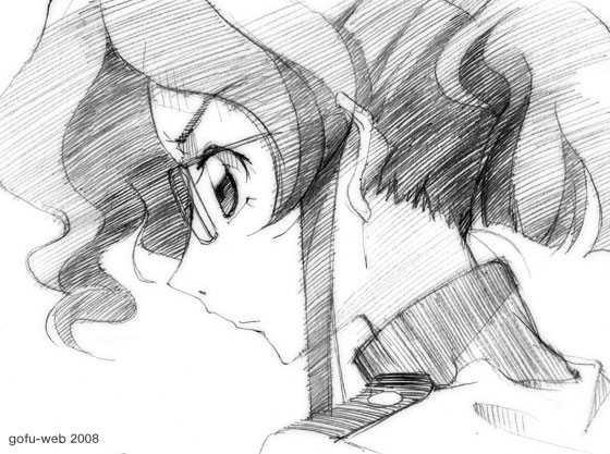 gofu, nina einstein, code geass, traditional media, 00s, greyscale, monochrome, sketch, solo