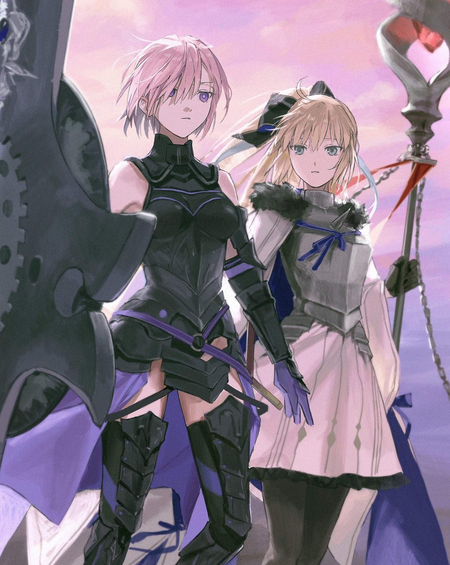 cherroppi, aesc (fate), aesc (savior) (fate), mash kyrielight, mash kyrielight (demi-servant), fate/grand order, fate (series), art trade, commentary request, highres, korean commentary, second-party source, 2girls, ahoge, aqua eyes, arm at side, armor, armored legwear, armored leotard, bare shoulders, belt, black armor, black bow, black gloves, black leotard, black pantyhose, black thighhighs, blonde hair, bow, breastplate, bright pupils, cape, closed mouth, dress, elbow gloves, fur-trimmed cape, fur trim, gloves, gradient sky, hair between eyes, hair bow, hair over one eye, high ponytail, holding, holding shield, holding staff, leotard, long hair, long sleeves, looking ahead, looking at another, lord camelot (fate), mage staff, multiple girls, o-ring, o-ring belt, outdoors, pantyhose, parted lips, pink hair, pink sky, ponytail, purple eyes, purple gloves, purple sky, serious, sheath, sheathed, shield, short hair, side-by-side, sky, staff, sword, thighhighs, vambraces, waist cape, weapon, white cape, white dress, wide sleeves