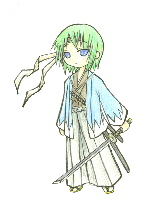 iwasaki minami, lucky star, traditional media, 00s, 1girl, blue eyes, female focus, flat chest, green hair, hakama, hakama skirt, haori, headband, japanese clothes, katana, kimono, samurai, sandals, sheath, shinsengumi, short hair, simple background, skirt, solo, sword, weapon, white background