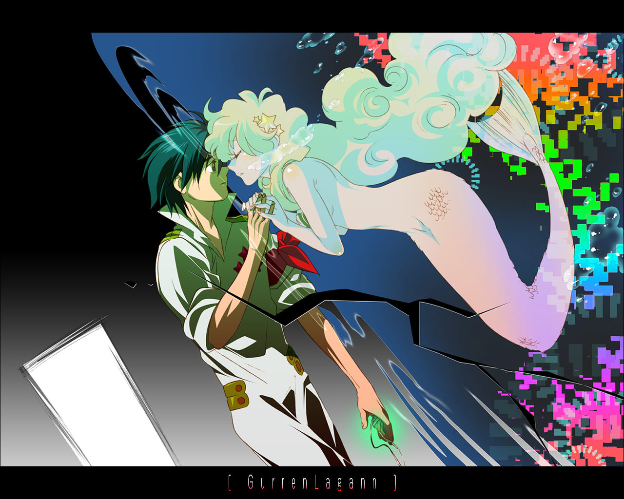 yukimitsuki, nia teppelin, simon (ttgl), tengen toppa gurren lagann, 00s, 1boy, 1girl, armband, bikini, bubble, closed eyes, couple, curly hair, floating hair, green hair, hair ornament, hairclip, hetero, holding hands, letterboxed, long hair, mermaid, monster girl, multicolored hair, scales, shell, shell bikini, star (symbol), star hair ornament