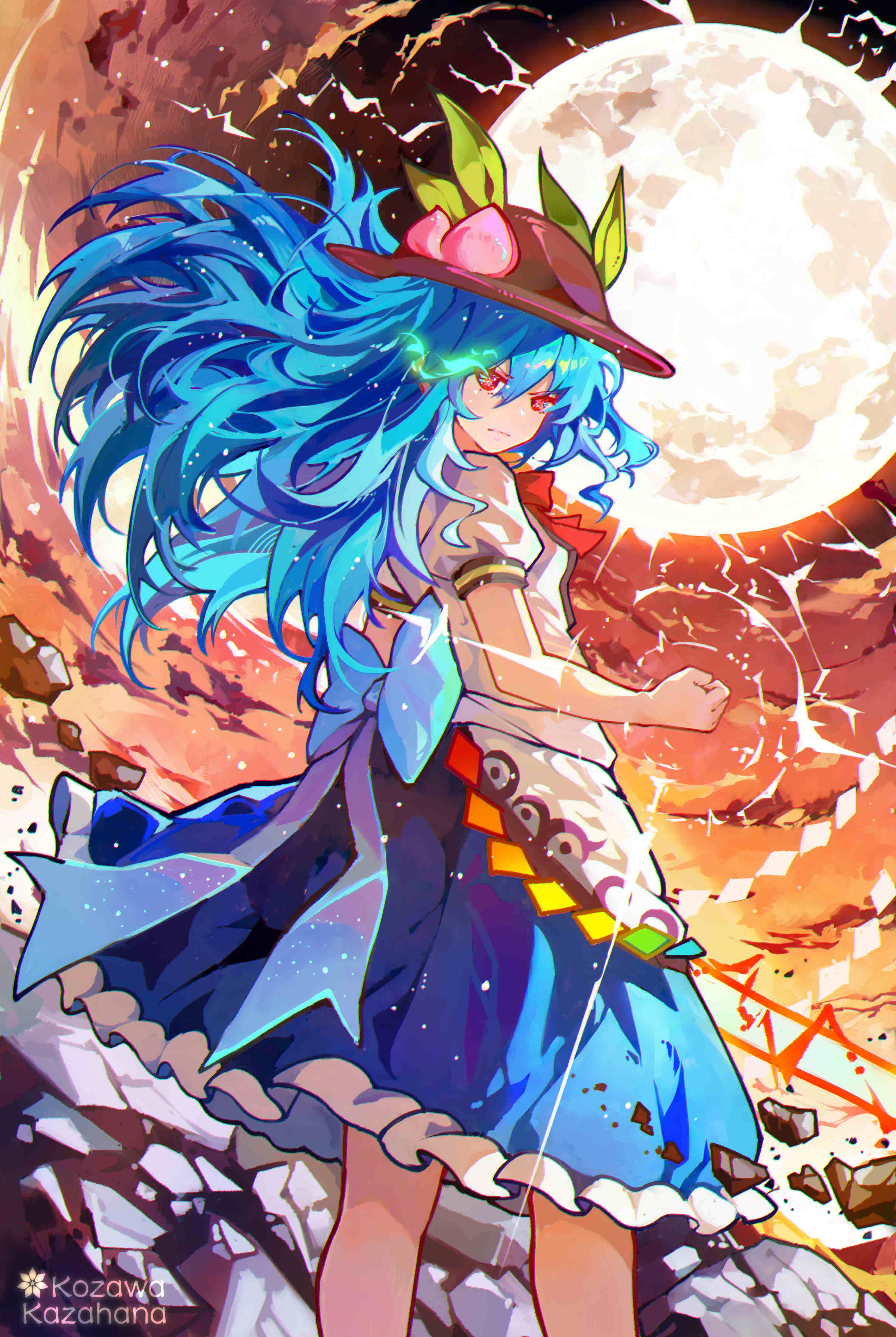 kozawa kazahana, hinanawi tenshi, touhou, absurdres, chinese commentary, commentary request, highres, 1girl, apron, artist name, back bow, black hat, blue bow, blue hair, blue skirt, bow, bowtie, breasts, clenched hand, closed mouth, debris, energy, feet out of frame, flaming eye, floating hair, frilled skirt, frills, frown, full moon, hair between eyes, hat, hat ornament, leaf hat ornament, long hair, looking at viewer, looking back, moon, orange sky, peach hat ornament, puffy short sleeves, puffy sleeves, red bow, red bowtie, red eyes, rock, shirt, short sleeves, skirt, sky, small breasts, solo, standing, waist apron, white apron, white shirt