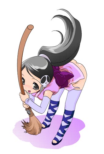 elysia de lute ima, kami nomi zo shiru sekai, 1girl, ankle lace-up, arm warmers, ass, bent over, black eyes, black hair, broom, female focus, hair ornament, long hair, no panties, ponytail, skull, skull hair ornament, solo, thighhighs