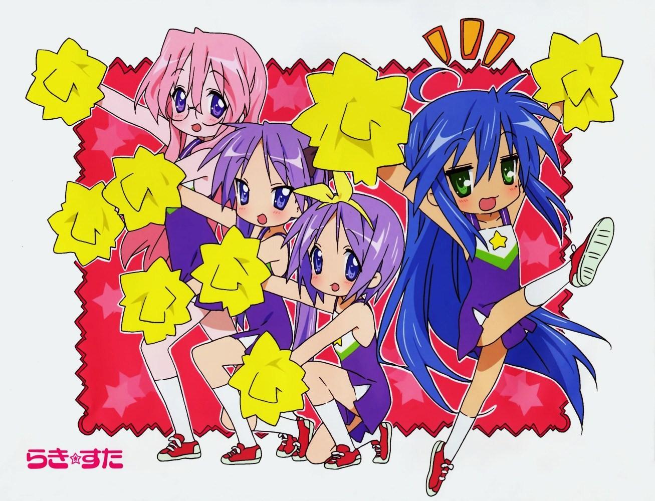 hiiragi kagami, hiiragi tsukasa, izumi konata, takara miyuki, lucky star, non-web source, 00s, 4girls, ahoge, cheerleader, glasses, kicking, mole, mole under eye, multiple girls, pom pom (cheerleading)