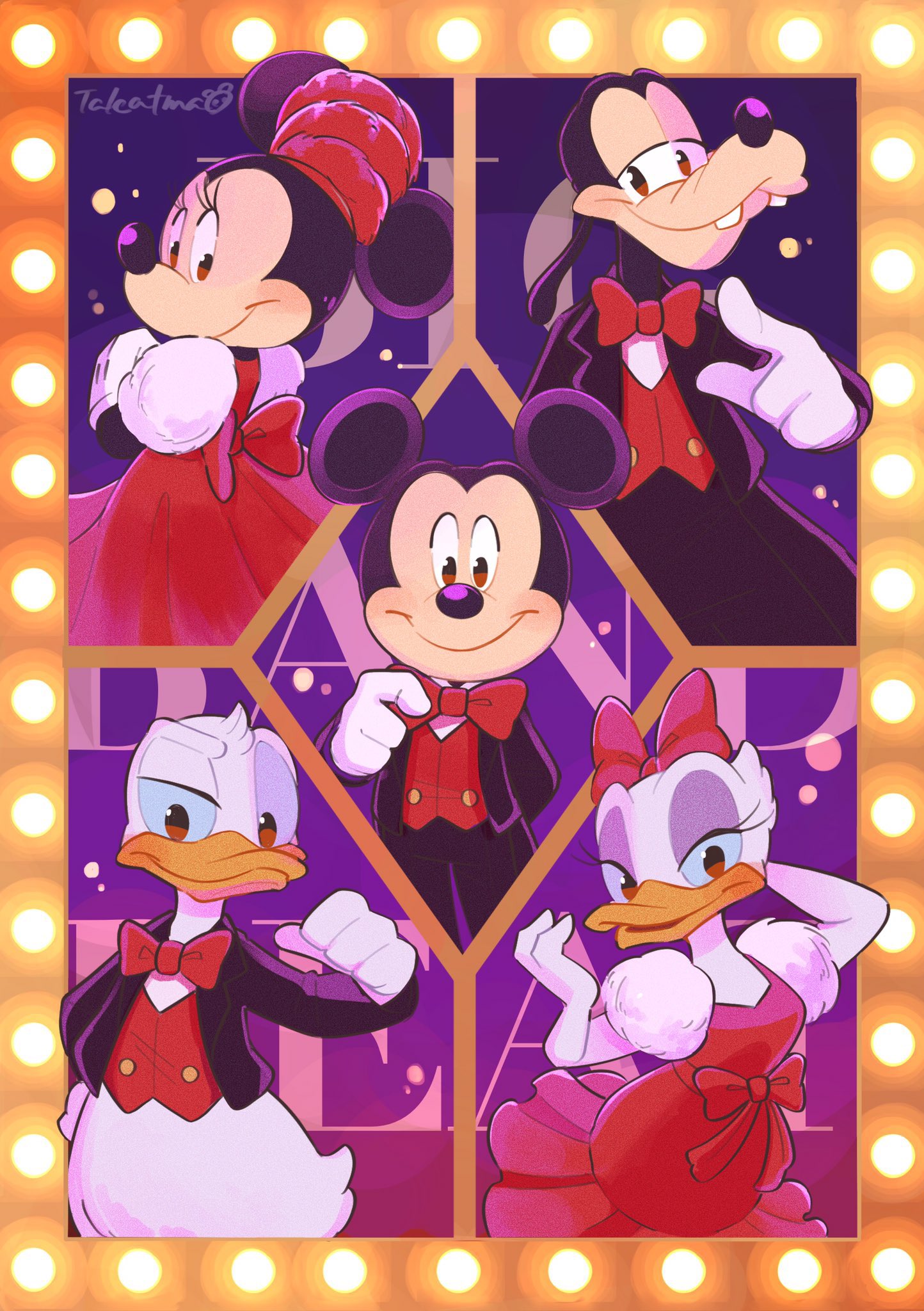 takatmaorange, daisy duck, donald duck, goofy, mickey mouse, minnie mouse, mickey mouse & friends, highres, 2girls, 3boys, animal ears, bow, dress, duck boy, duck girl, dusneyland, gloves, hair bow, looking at viewer, mouse ears, multiple boys, multiple girls, open mouth, red dress, shirt, smile, white gloves