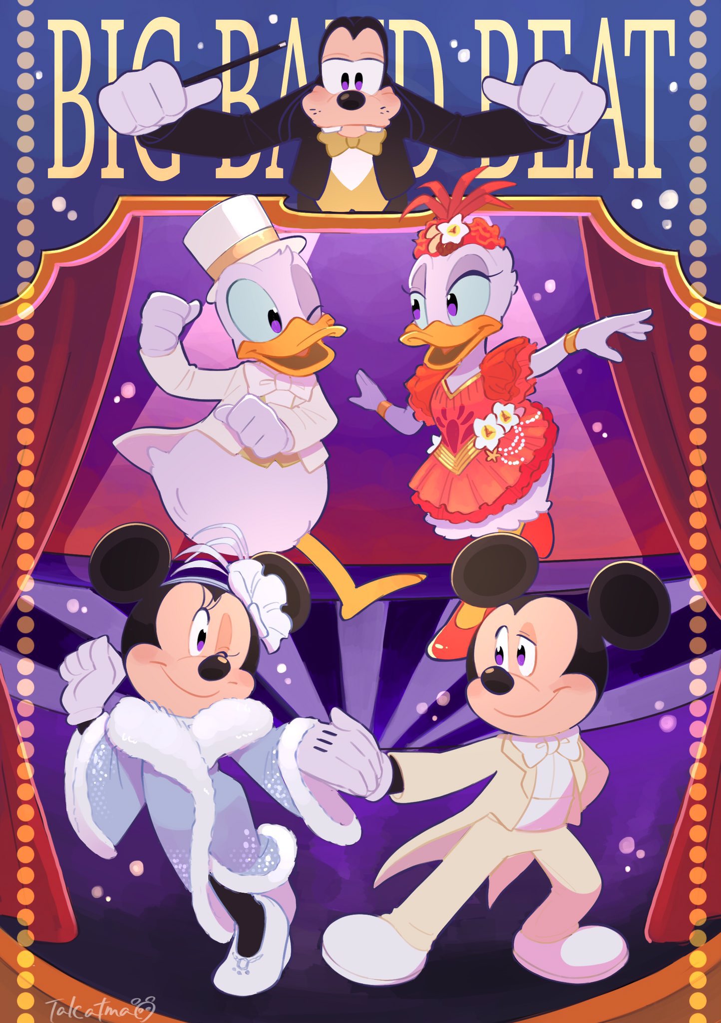 takatmaorange, daisy duck, donald duck, goofy, mickey mouse, minnie mouse, mickey mouse & friends, highres, 2girls, 3boys, animal ears, bow, dress, duck boy, duck girl, dusneyland, gloves, hair bow, looking at viewer, mouse ears, multiple boys, multiple girls, open mouth, red dress, shirt, smile, white gloves
