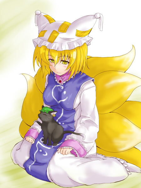 yude, chen, chen (cat), yakumo ran, touhou, bad id, bad pixiv id, 1girl, animal ears, animal hat, blonde hair, cat, cat ears, cat tail, earrings, female focus, fox ears, fox tail, hat, jewelry, long sleeves, mob cap, short hair, solo, tail, tassel, wide sleeves