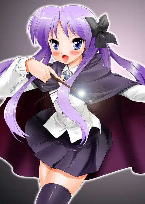 hiiragi kagami, louise francoise le blanc de la valliere, lucky star, zero no tsukaima, artist request, non-web source, 1girl, blue eyes, cape, cosplay, female focus, gradient background, long hair, louise francoise le blanc de la valliere (cosplay), purple hair, solo, thighhighs, twintails, wand