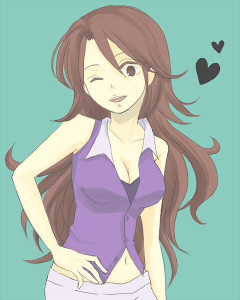 ohara, ohara (hello), sumeragi lee noriega, gundam, gundam 00, bad id, bad pixiv id, 00s, 1girl, breasts, cleavage, female focus, long hair, medium breasts, navel, one eye closed, solo, wink