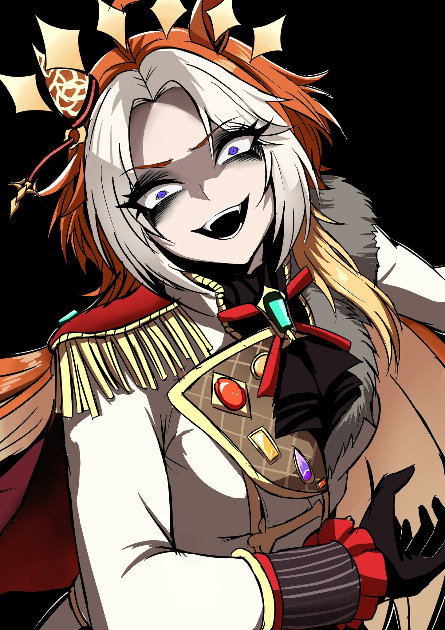 nagainegi, orfevre (control) (umamusume), orfevre (umamusume), umamusume, highres, 1girl, animal ears, bags under eyes, bow, breasts, ear bow, ear covers, heart ear ornament, horse ears, horse girl, long hair, looking at viewer, multicolored hair, open mouth, smile, solo, striped hat