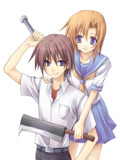 maebara keiichi, ryuuguu rena, higurashi no naku koro ni, lowres, non-web source, 00s, 1boy, 1girl, baseball bat, billhook, couple, hatchet, hetero, qvga, school uniform, serafuku