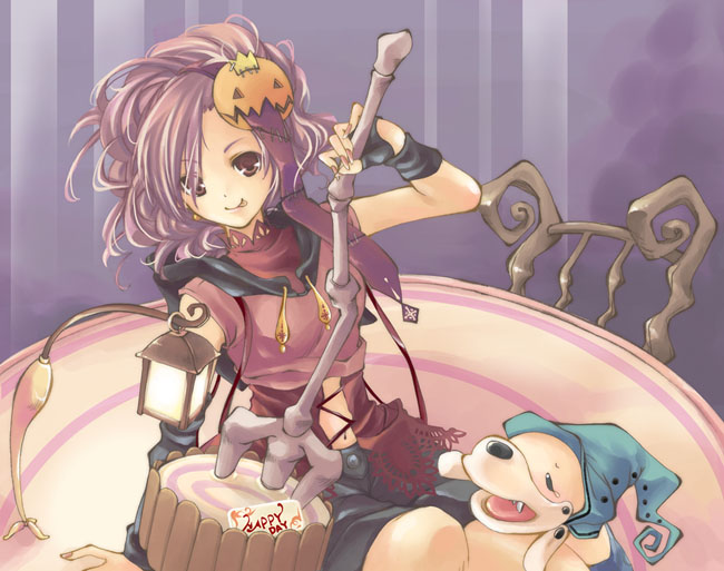 chitose maki, maki chitose, 1girl, :p, cake, capelet, chair, detached sleeves, dog, female focus, fingerless gloves, fingernails, food, food-themed clothes, food-themed hair ornament, gloves, hair ornament, happy birthday, hat, lamp, long fingernails, nail (hardware), nail polish, navel, pastry, pitchfork, pumpkin, pumpkin hair ornament, purple eyes, purple hair, ribbon, shorts, single glove, sitting, solo, table, tears, tongue, tongue out, turtleneck