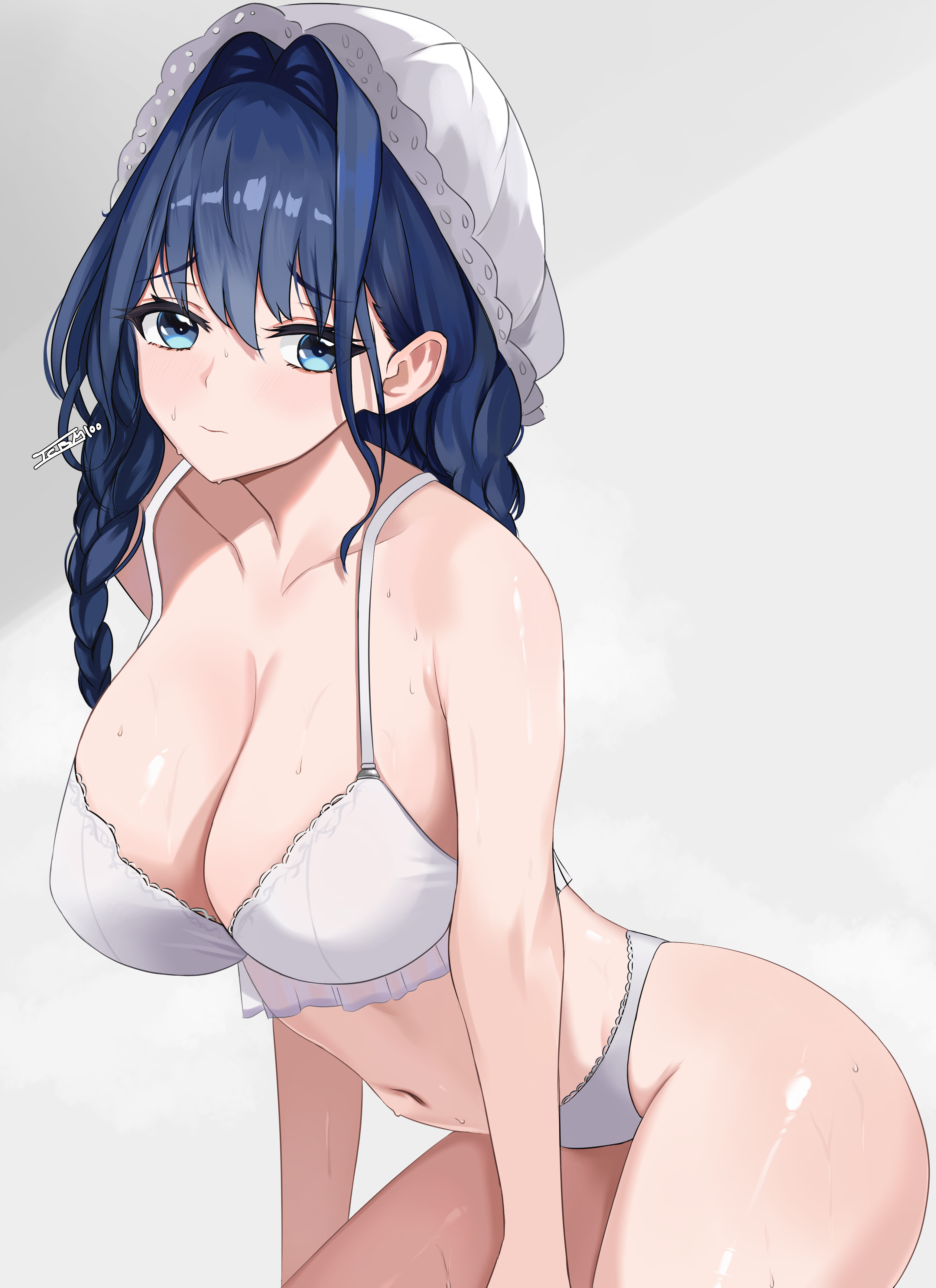 icbm100, ouro kronii, ouro kronii (maid), hololive, hololive english, absurdres, highres, 1girl, bare shoulders, blue eyes, blue hair, blush, bra, braid, breasts, cleavage, hair intakes, hat, large breasts, long hair, looking at viewer, low twin braids, mob cap, navel, panties, solo, twin braids, underwear, virtual youtuber, white bra, white panties