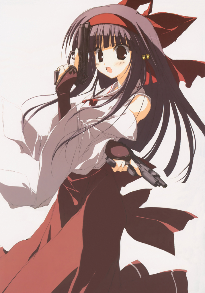 suzuri, suzuri (tennenseki), kounji rin, kuonji rin, festa!! -hyper girls pop-, festa!! hyper girls pop, non-web source, 1girl, brown eyes, brown hair, detached sleeves, dual wielding, female focus, gun, hakama, hakama skirt, handgun, holding, japanese clothes, long hair, miko, pistol, red hakama, skirt, solo, weapon