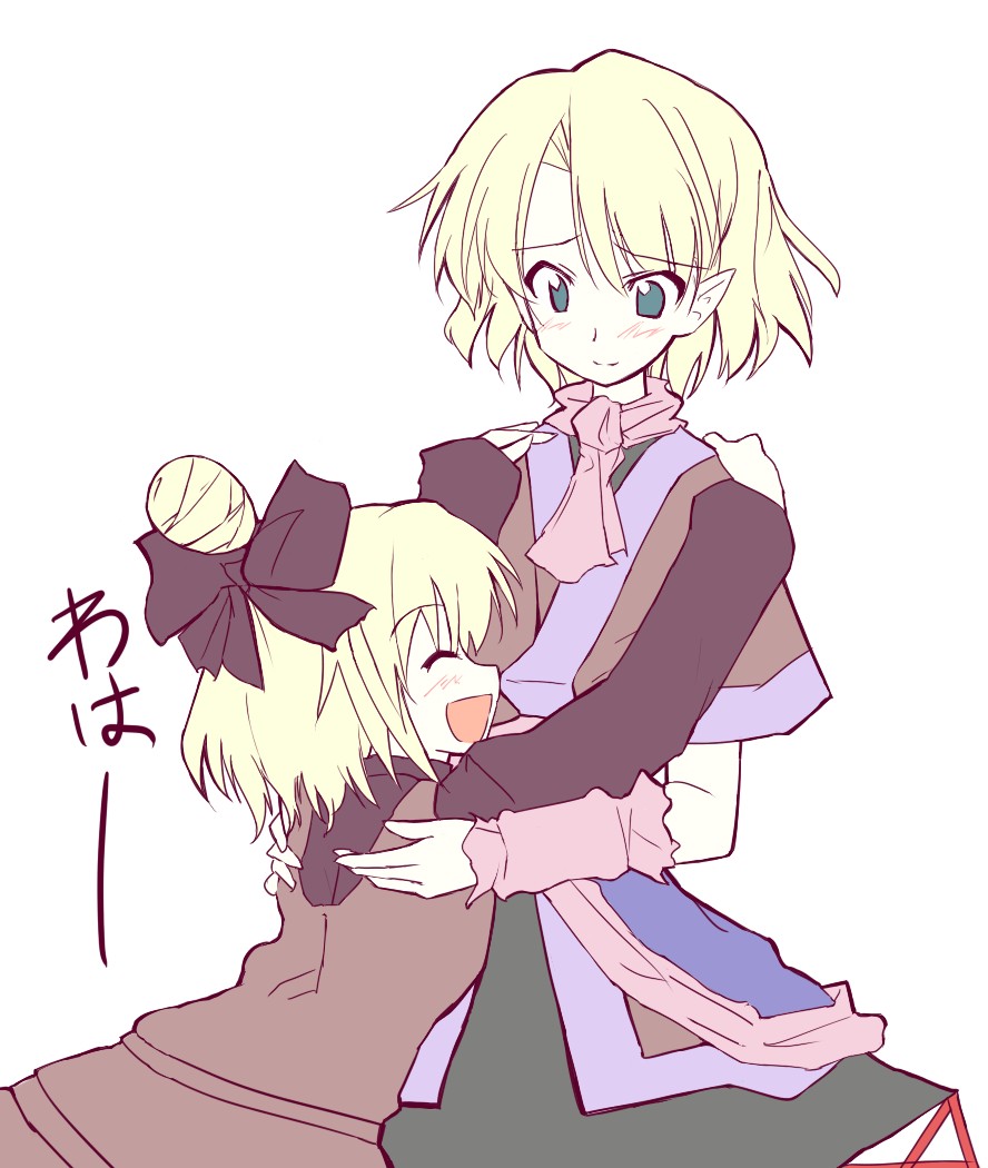 sai koro, kurodani yamame, mizuhashi parsee, waha, yamato suzuran, touhou, non-web source, 2girls, aged down, aged up, arm warmers, blonde hair, blush, bob cut, bow, dress, female focus, green eyes, hair bow, half updo, hands on another's shoulders, happy, height difference, hug, long sleeves, looking at another, multiple girls, open mouth, parted bangs, pointy ears, scarf, short hair, smile, white background