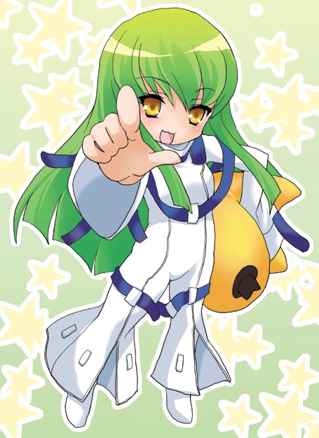 c.c., cheese-kun, code geass, pizza hut, 00s, 1girl, :3, chibi, female focus, pointing, solo, star (symbol)