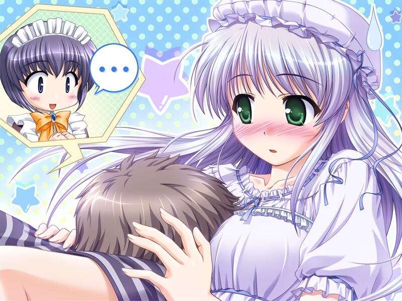 bekkankou, asagiri tatsuya, clementis mia, feena fam earthlight, mia clementis, yoake mae yori ruri iro na, non-web source, 1boy, 2girls, between breasts, blush, breasts, green eyes, hat, lingerie, loli, long hair, maid, medium breasts, multiple girls, nightgown, underwear, white hair