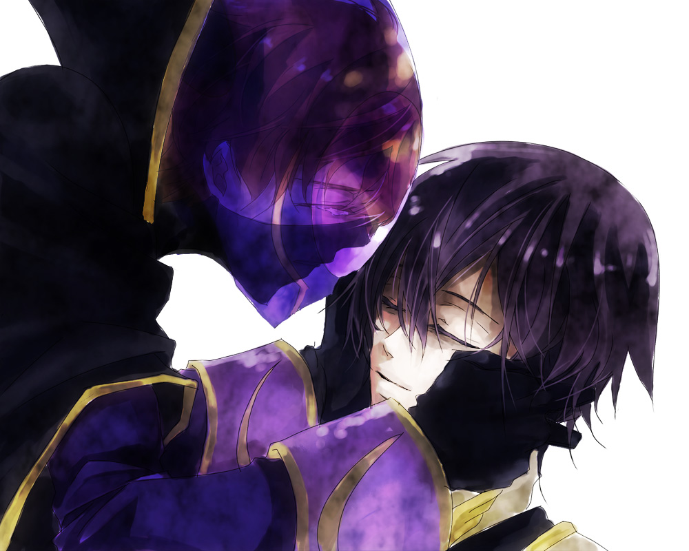 kamu, kamu (camui), kururugi suzaku, lelouch vi britannia, zero (code geass), code geass, bad id, bad pixiv id, spoilers, 00s, 2boys, black hair, cape, death, gloves, male focus, mask, multiple boys, purple hair, short hair