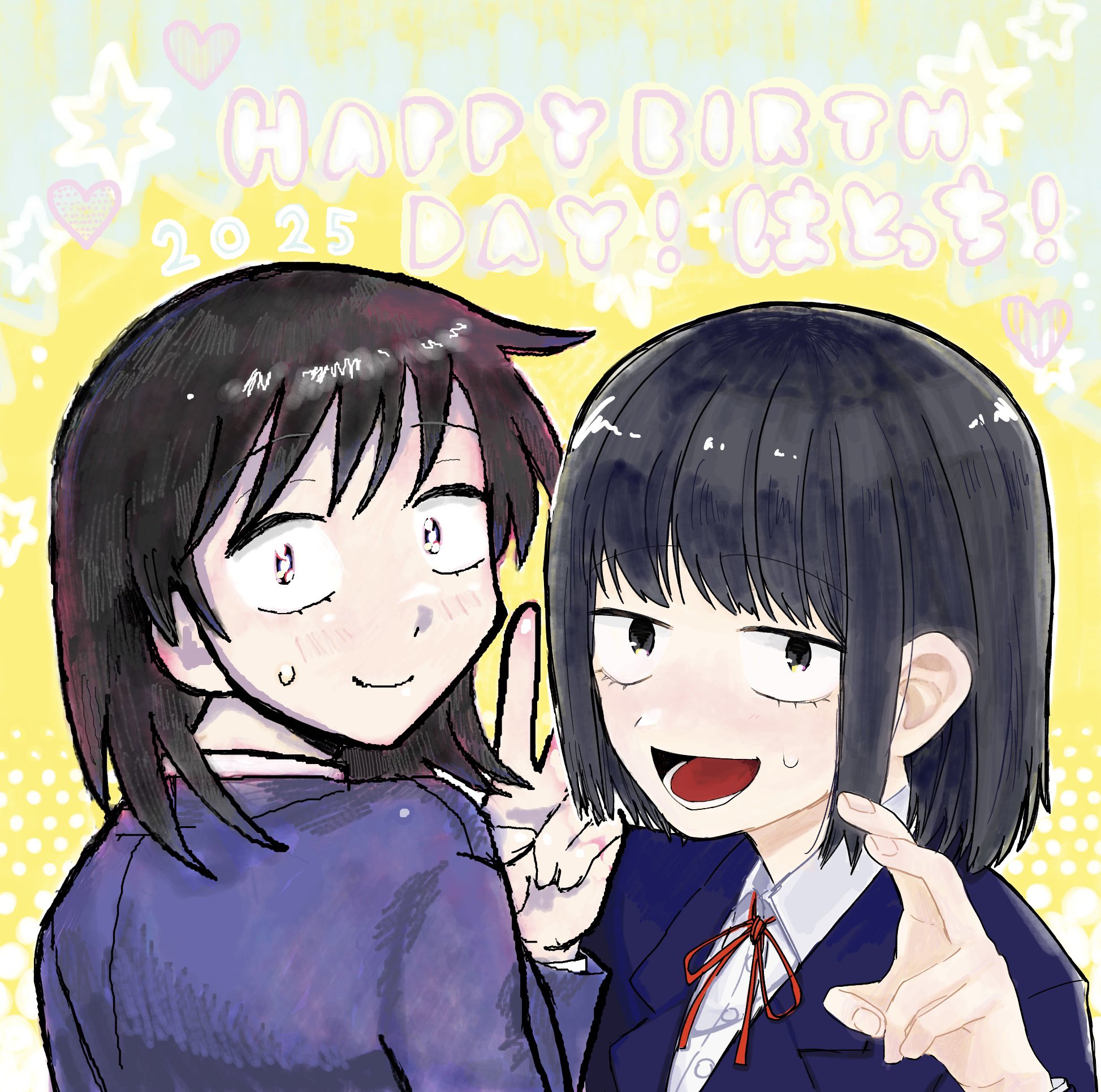 hatono chihiro, futsuu no keion-bu, commentary request, highres, 2girls, :d, black eyes, black hair, blazer, blue jacket, bob cut, character name, closed mouth, dual persona, hand up, happy birthday, jacket, lapels, looking at viewer, mihachi (desertiruca), multiple girls, neck ribbon, notched lapels, open mouth, prototype design, red ribbon, ribbon, sanpaku, school uniform, short hair, small sweatdrop, smile, upper body, v