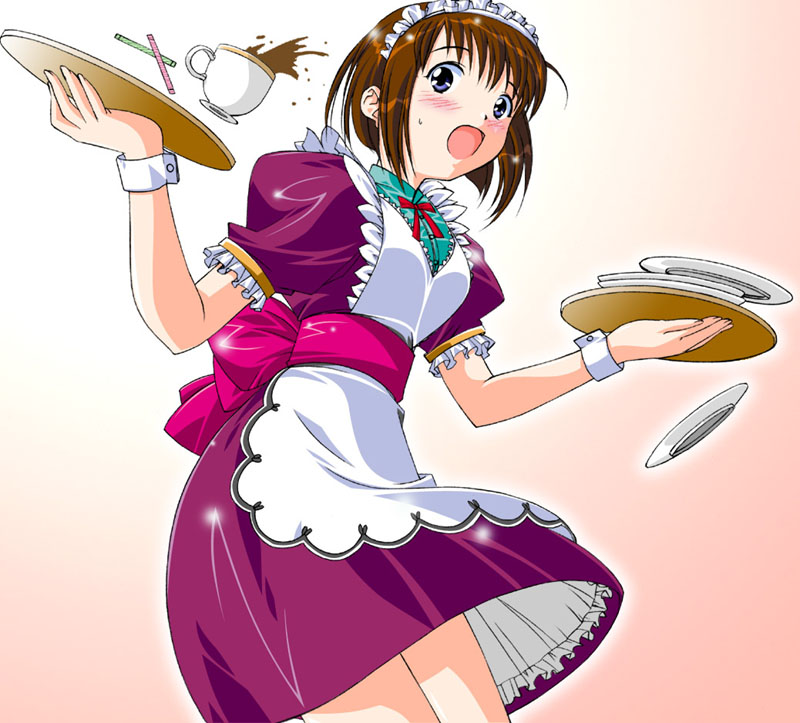 1girl, apron, blue eyes, blush, brown hair, cup, dropping, female focus, hairband, headband, maid, maid apron, plate, short hair, solo, spilling, teacup, waitress