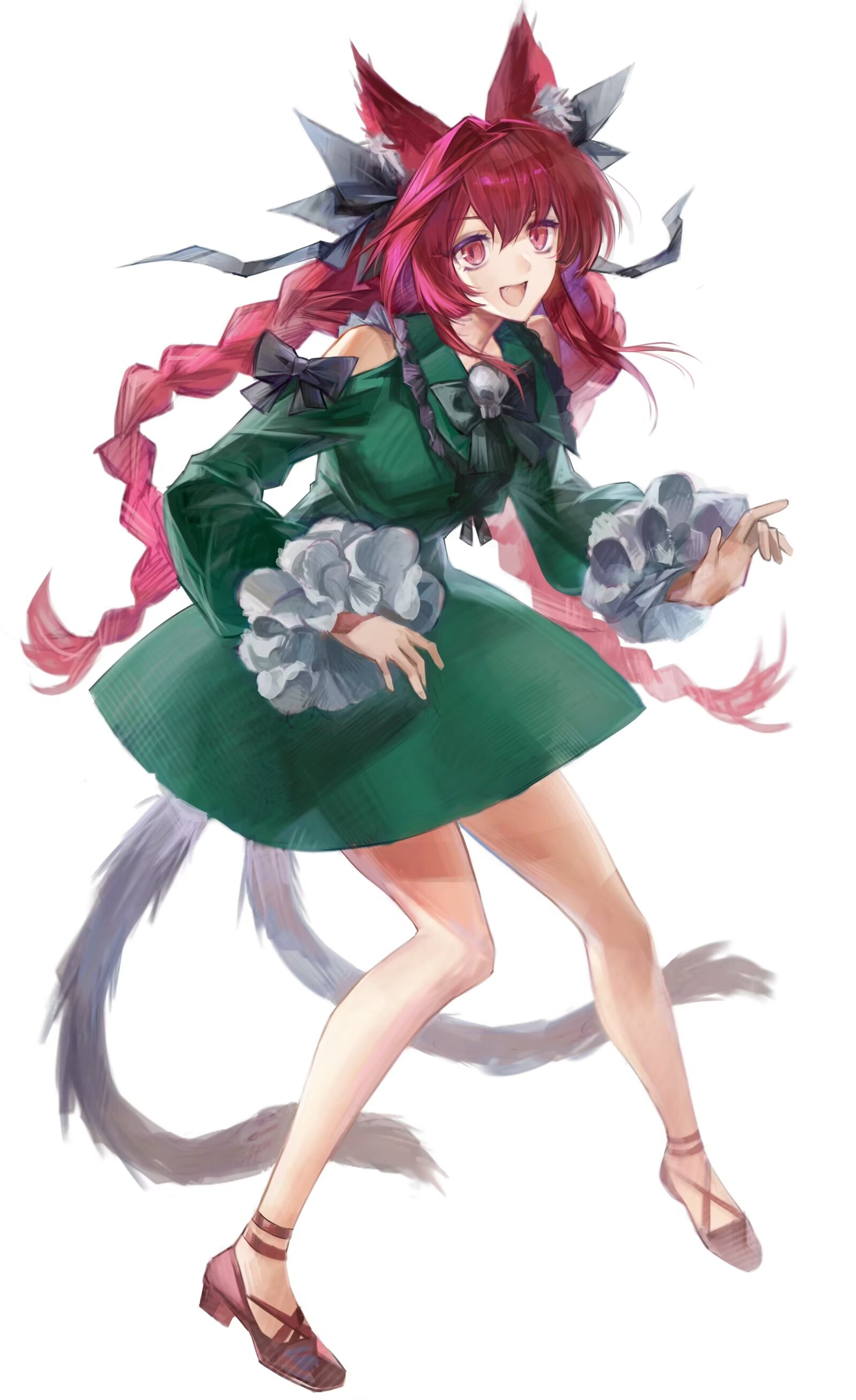 ashi (dongshi389), kaenbyou rin, touhou, absurdres, chinese commentary, commentary request, highres, 1girl, :d, animal ear fluff, animal ears, black bow, black bowtie, black ribbon, bow, bowtie, braid, breasts, cat ears, clothing cutout, dress, frilled shirt collar, frilled sleeves, frills, full body, green dress, hair ribbon, long hair, long sleeves, looking at viewer, medium breasts, multiple tails, nekomata, no socks, open mouth, red eyes, red shoes, ribbon, shoes, short dress, shoulder cutout, simple background, smile, solo, standing, tail, twin braids, twintails, two tails, very long hair, white background