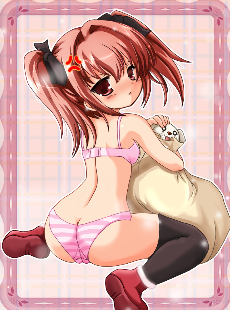 taiga joe, 1girl, anger vein, ass, baby animal, bag, bra, dog, female focus, from behind, kneeling, lingerie, loli, long hair, panties, petite, puppy, red eyes, red hair, short hair, solo, striped clothes, striped panties, thighhighs, twintails, underwear, underwear only