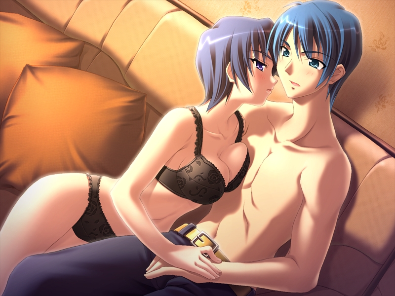 oohama akihito, kadena hisumi, cool!!, game cg, non-web source, 1boy, 1girl, black panties, blue hair, bra, couch, couple, green eyes, hetero, lingerie, panties, purple eyes, purple hair, short hair, underwear, underwear only