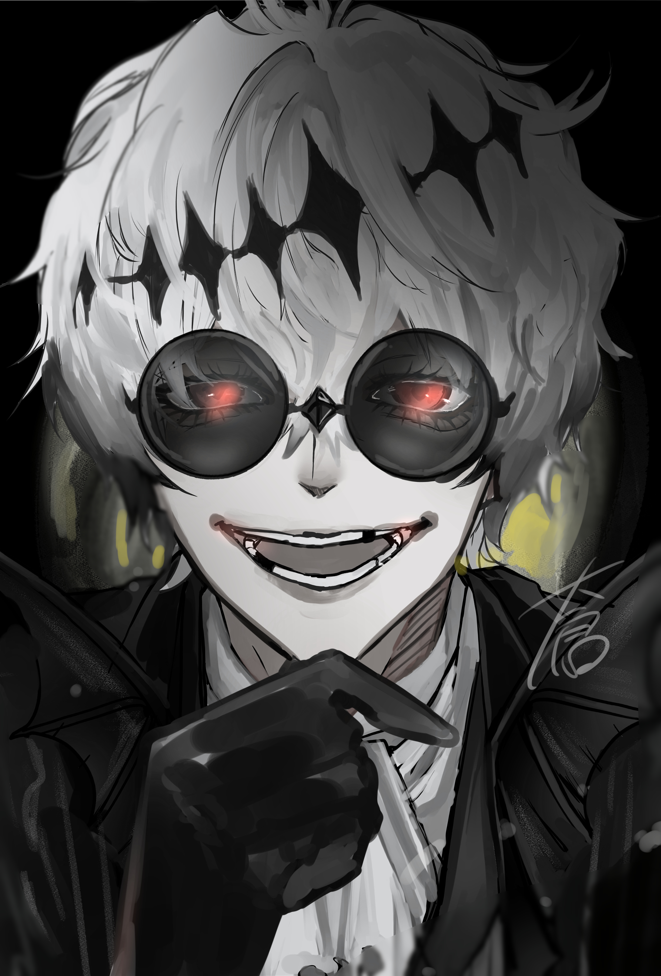 skully j. graves, the nightmare before christmas, twisted wonderland, absurdres, highres, 1boy, black gloves, formal clothes, gloves, jacket, long sleeves, looking at viewer, male focus, open mouth, pinstripe pattern, pinstripe suit, round eyewear, short hair, smile, solo, striped clothes, striped jacket, suit, sunglasses, user fapy2427, white hair