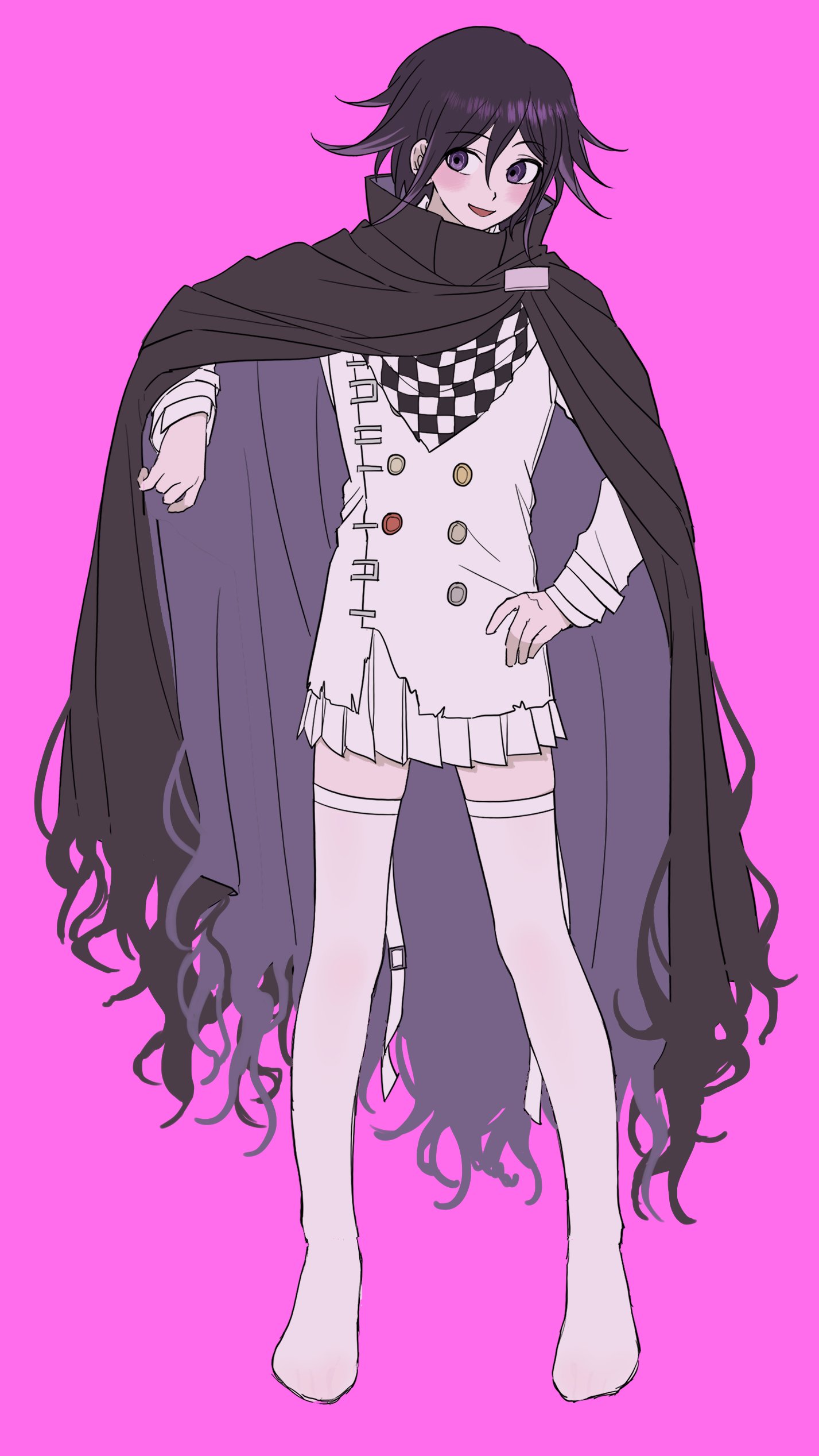 bibi (p pp8888), oma kokichi, danganronpa (series), danganronpa v3: killing harmony, absurdres, highres, 1boy, :d, adapted costume, black cloak, black hair, black scarf, blush, buttons, checkered clothes, checkered scarf, cloak, crossdressing, crossdressing (mtf), double-breasted, double-parted bangs, full body, hair between eyes, hair flaps, hand on own hip, jacket, legs apart, long sleeves, looking at viewer, male focus, miniskirt, no shoes, open mouth, pink background, pleated skirt, purple eyes, scarf, short hair, simple background, skirt, smile, solo, standing, thighhighs, two-tone scarf, white jacket, white scarf, white skirt, white thighhighs, zettai ryouiki