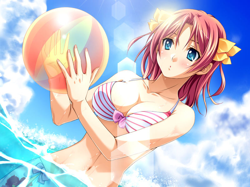 bomi, hatanaka shino, sim love ~hitonatsu no kiseki~, game cg, non-web source, 1girl, aqua eyes, ball, beachball, bikini, blue eyes, blush, breasts, cleavage, day, dutch angle, female focus, large breasts, red hair, sarong, short hair, solo, swimsuit, wading, water