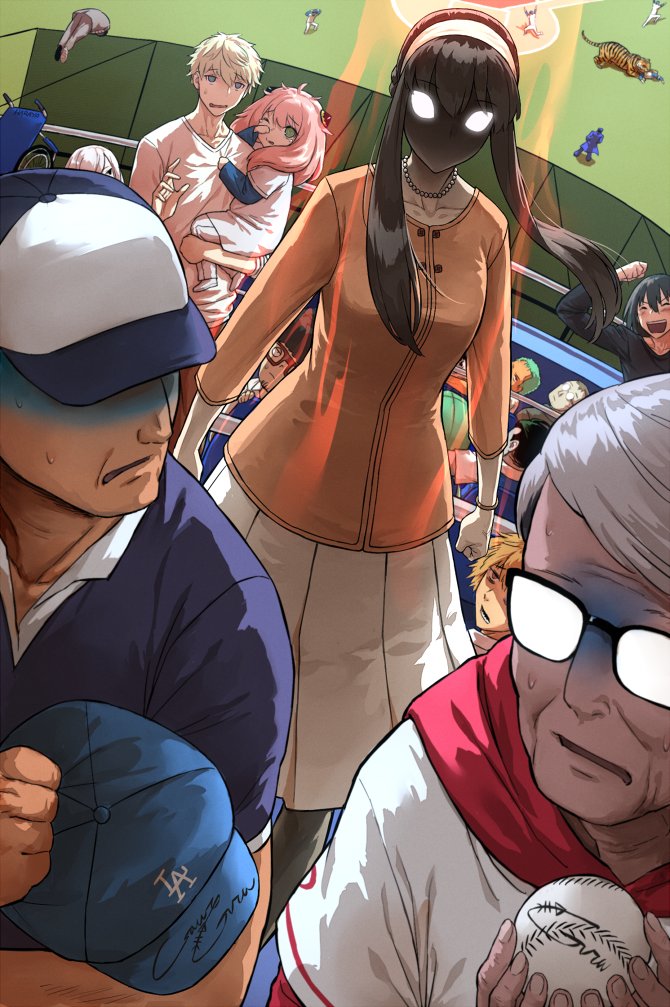 haraya manawari, anya (spy x family), denji (chainsaw man), fiona frost, franky franklin, roronoa zoro, shou tucker, twilight (spy x family), yor briar, yuri briar, chainsaw man, fullmetal alchemist, los angeles dodgers, one piece, real life, spy x family, character request, 4girls, 6+boys, angry, aura, baseball, baseball cap, baseball stadium, black-framed eyewear, black hair, carrying, child carry, crossover, crying, glasses, green eyes, hairband, hat, holding, holding unworn clothes, holding unworn hat, hood, hood down, hoodie, long hair, looking at another, multiple boys, multiple girls, nervous, pink hair, piotr szczerek, red hoodie, shaded face, shirt, short hair, short sleeves, sidelocks, tiger, unworn hat, unworn headwear, wheelchair, white hair, white hairband, white shirt